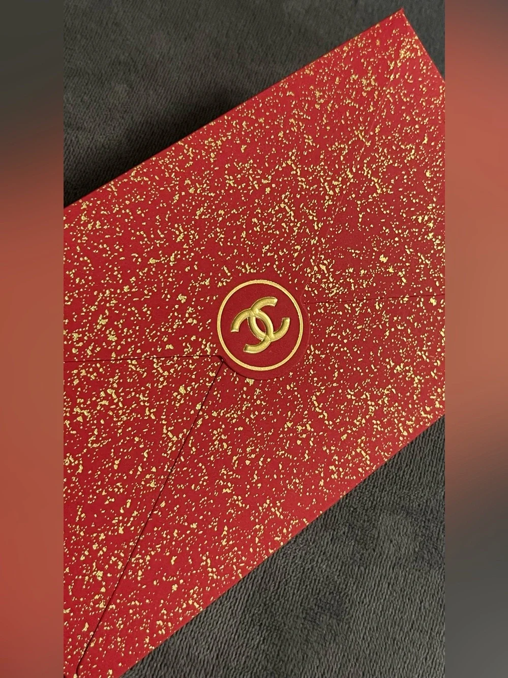 CHANEL Red Glitter Envelope with Gold CC Logo